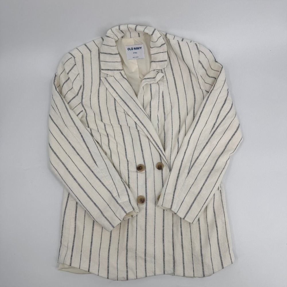 Old Navy Blazer Double Breasted Modern Women Small Tall White Navy Blue Stripe